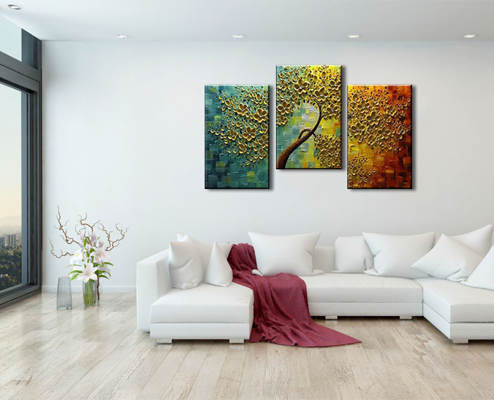 three piece gold canvas painting as gallery canvas wall decor art