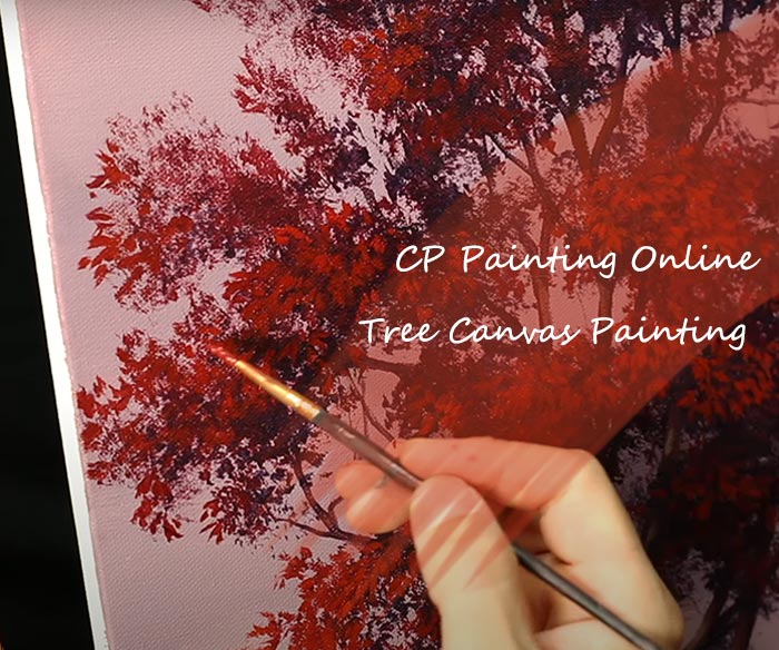 red tree knife painting with loose leaves on canvas by hand painted