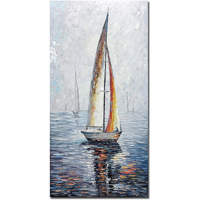 Abstract Sailboat Reflection Calm Water Seascape Canvas Wall Art - Image 2