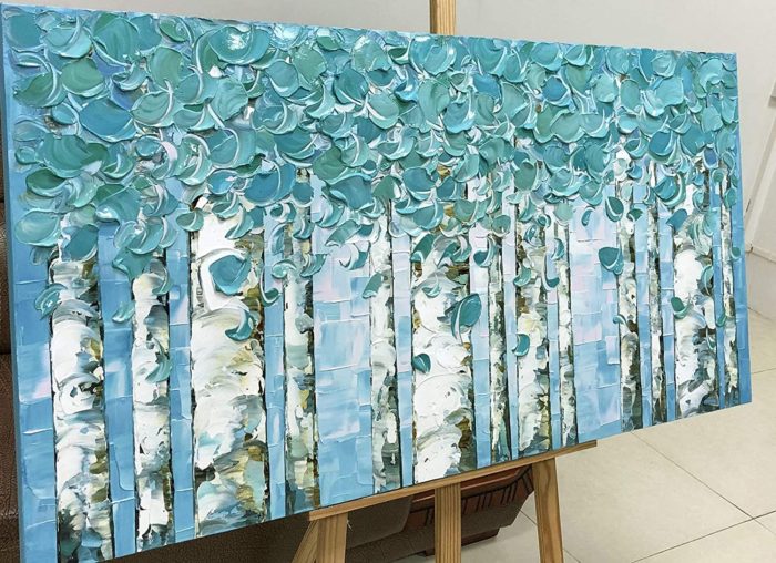 Aspen Trees In A Forest Teal Landscape 20*40 Inch Large Canvas Art - Image 5