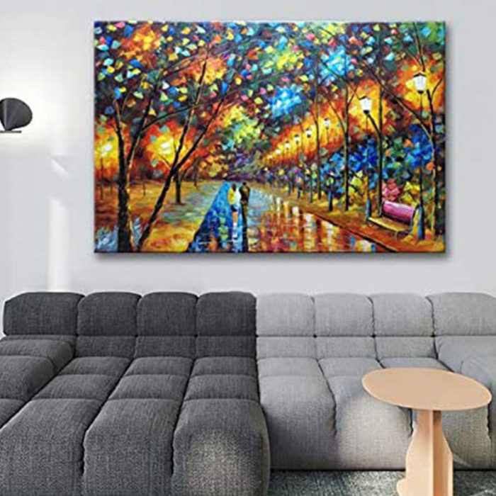 Couple stroll On Fall Street At Night Knife Painting For Home Wall