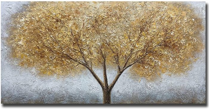 Gold Leaves Tree With Three Branches Modern Canvas Wall Art - Image 2