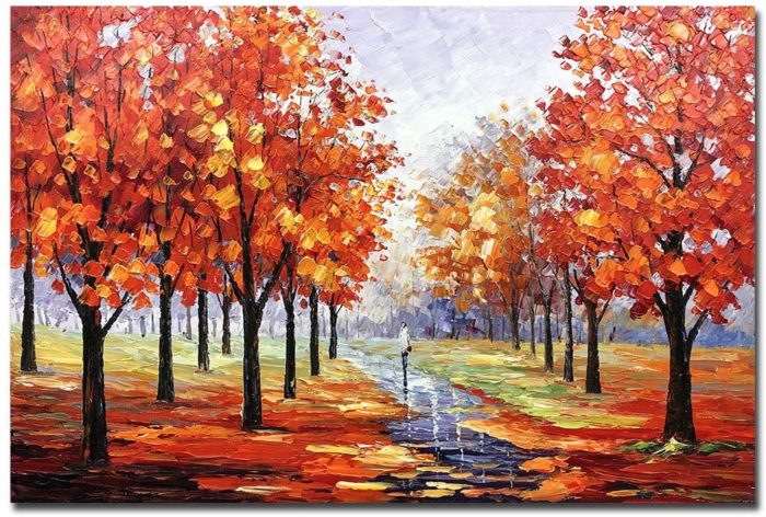 Lady Walks On Fall Maple Light Red Forest Modern Wall Decor - Image 4