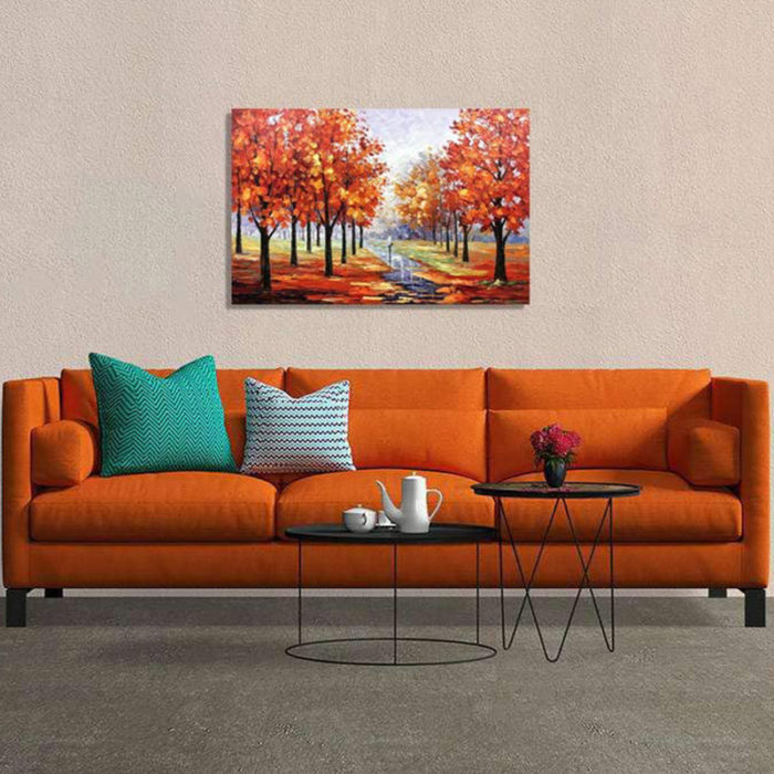 Lady Walks On Fall Maple Light Red Forest Modern Wall Decor