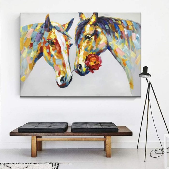 Oil Painting Horse Of Couple Show Each Other Love By Gifting Rose - Image 7