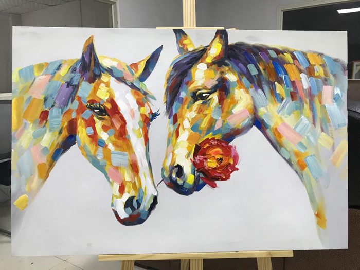 Oil Painting Horse Of Couple Show Each Other Love By Gifting Rose - Image 6