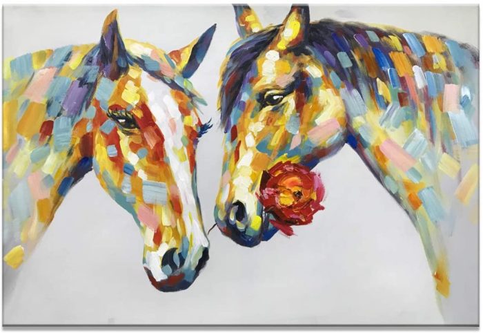 Oil Painting Horse Of Couple Show Each Other Love By Gifting Rose - Image 2