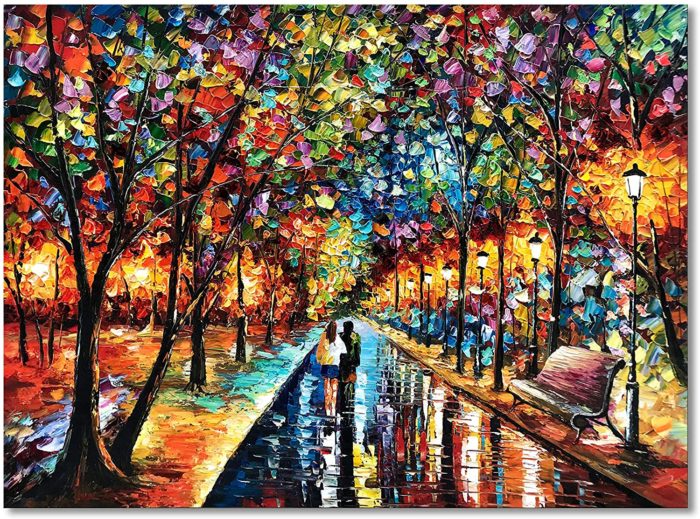 Couple stroll On Fall Street At Night Knife Painting For Home Wall - Image 2