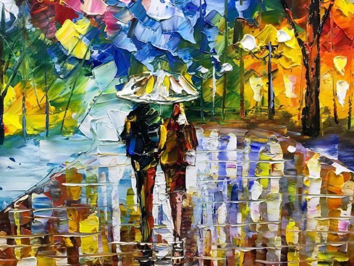 Romantic Lovers With Umbrella Wall Art Colorful Oil Painting - Image 3