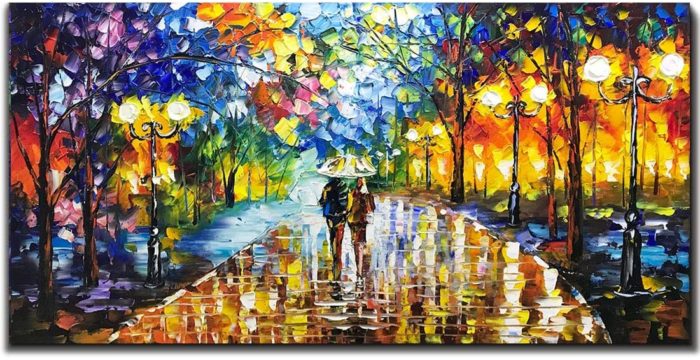 Romantic Lovers With Umbrella Wall Art Colorful Oil Painting - Image 2