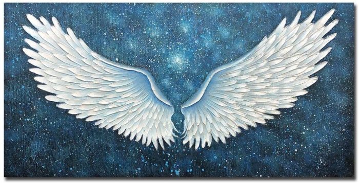 White Angel Wings Dark Blue Starry Night Painting Artwork - Image 2