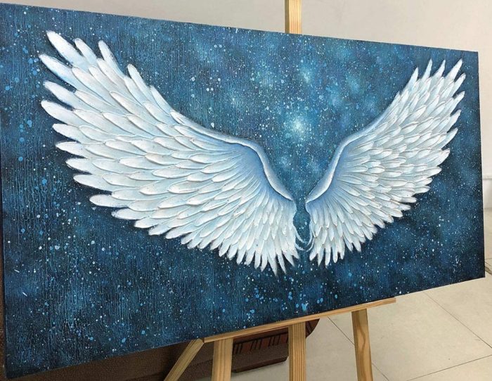 White Angel Wings Dark Blue Starry Night Painting Artwork - Image 4