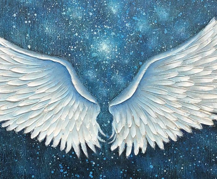 White Angel Wings Dark Blue Starry Night Painting Artwork - Image 3