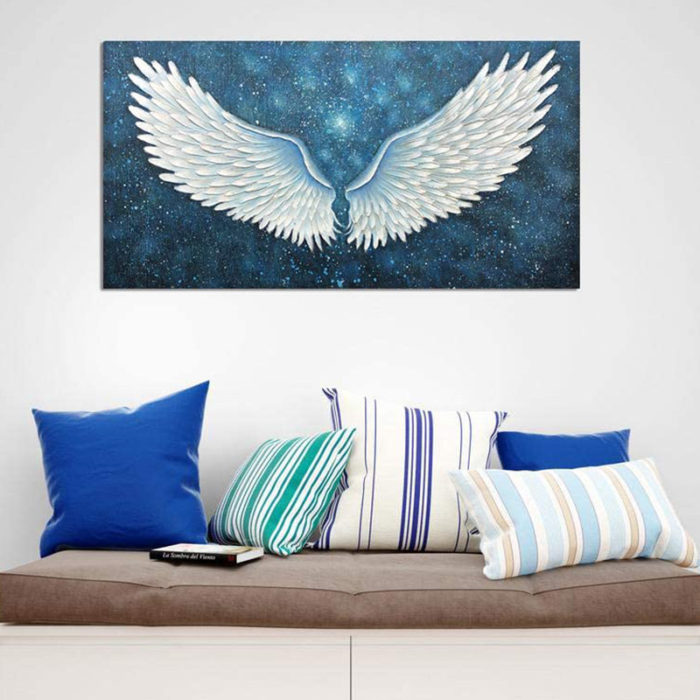 White Angel Wings Dark Blue Starry Night Painting Artwork