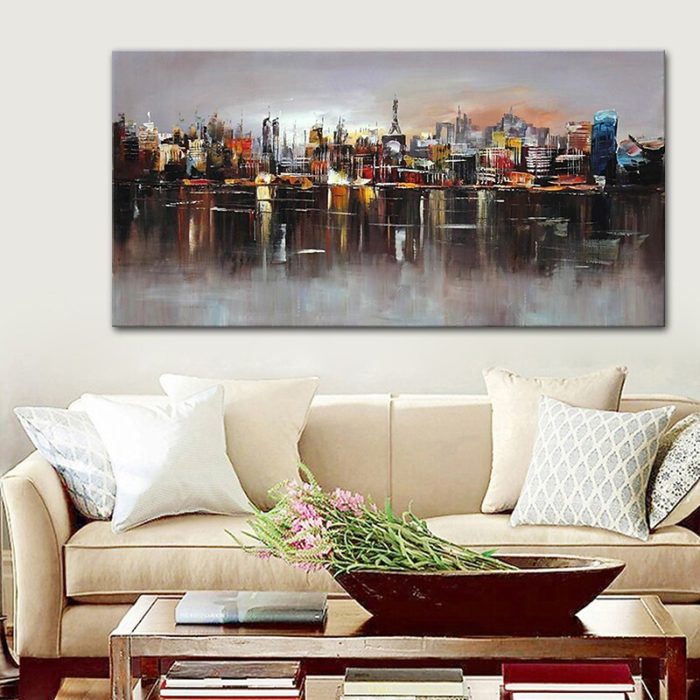 Cityscape Reflected In Water Oil Painting Dark Tone Artwork Decor - Image 6