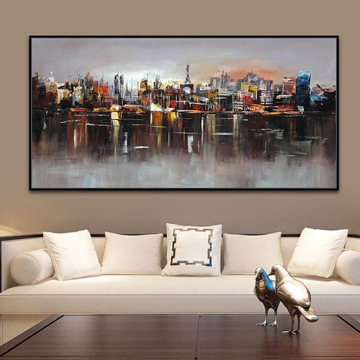 Cityscape Reflected In Water Oil Painting Dark Tone Artwork Decor - Image 5