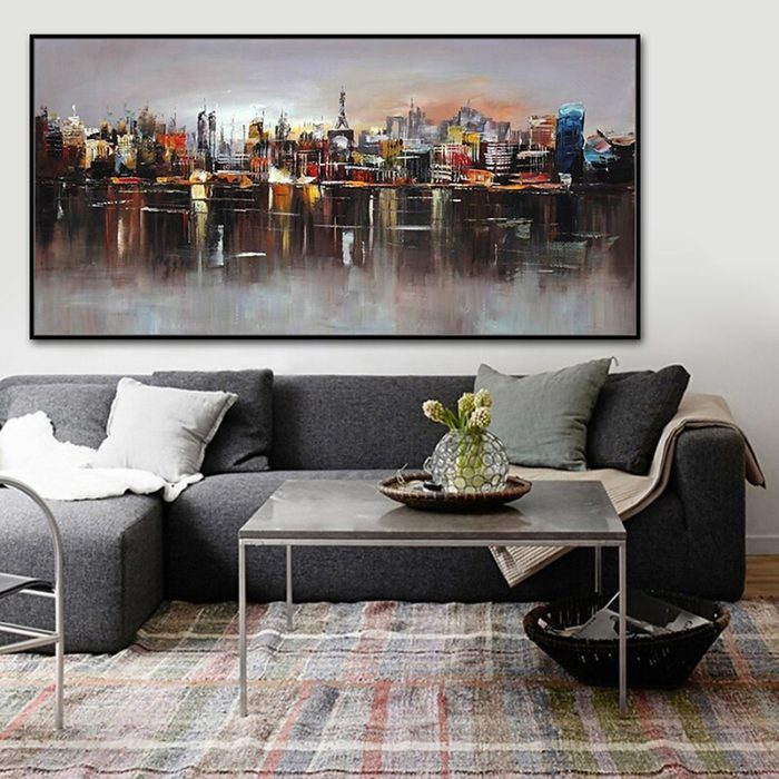 Cityscape Reflected In Water Oil Painting Dark Tone Artwork Decor - Image 7