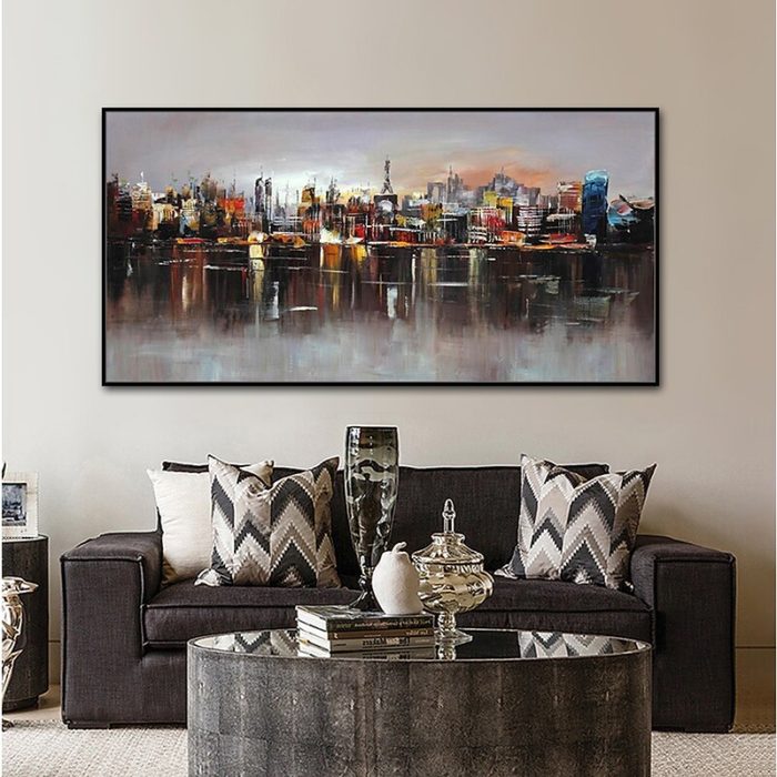 Cityscape Reflected In Water Oil Painting Dark Tone Artwork Decor