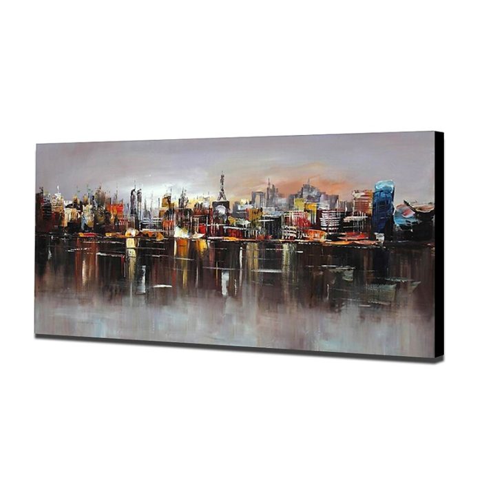 Cityscape Reflected In Water Oil Painting Dark Tone Artwork Decor - Image 4