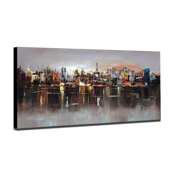 Cityscape Reflected In Water Oil Painting Dark Tone Artwork Decor - Image 3