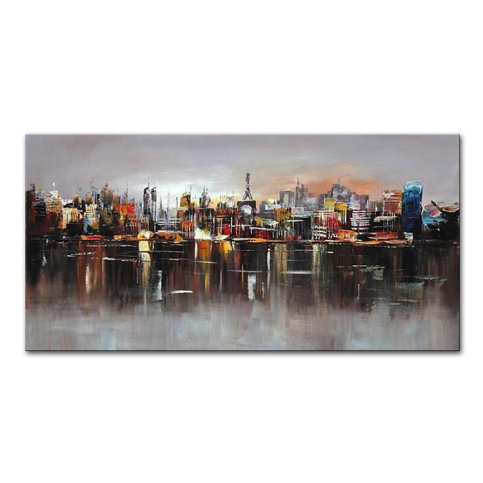 Cityscape Reflected In Water Oil Painting Dark Tone Artwork Decor - Image 2