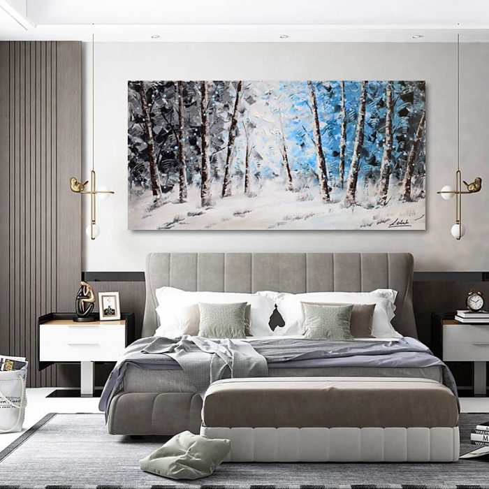 Forest Landscape Painting Grey White Blue Artwork For Home & Office