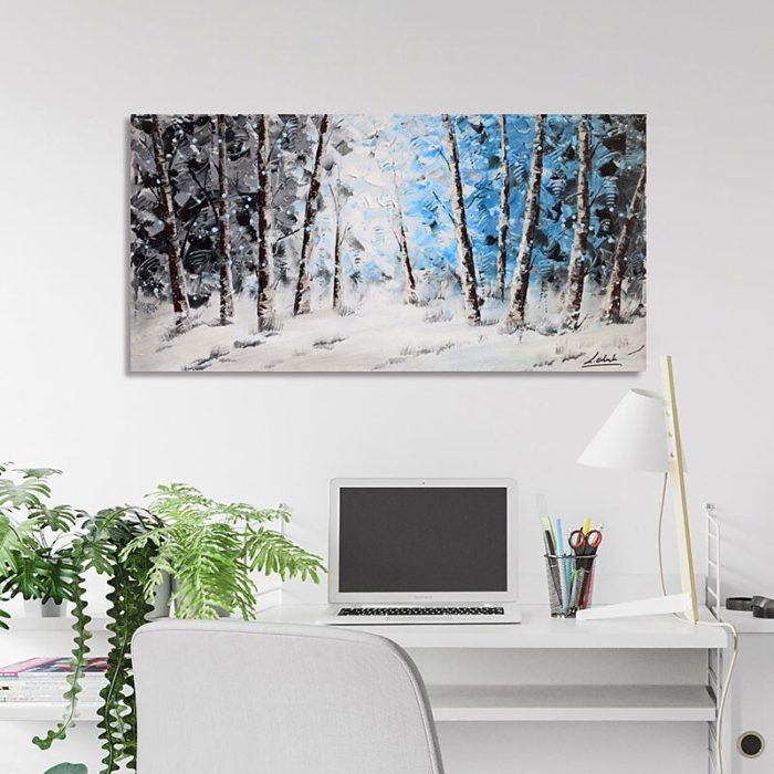 Forest Landscape Painting Grey White Blue Artwork For Home & Office - Image 4