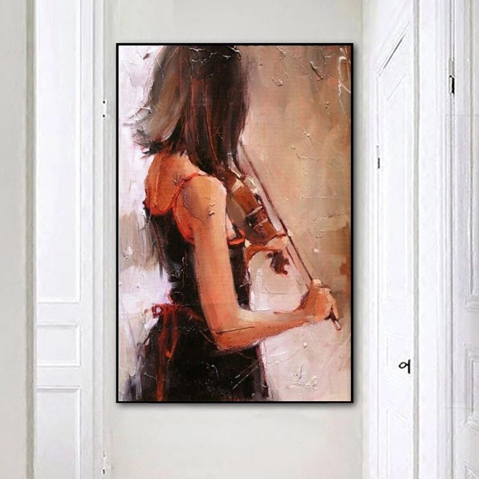 Girl Playing Violin Canvas Oil Paintings For Decorating Living Room - Image 5