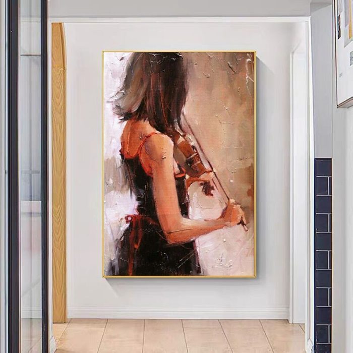 Girl Playing Violin Canvas Oil Paintings For Decorating Living Room - Image 4