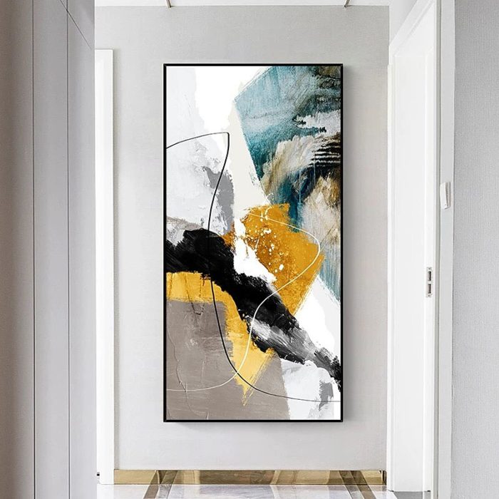 Gold Teal Abstract Painting Vertical Modern Canvas Art Decoration - Image 3