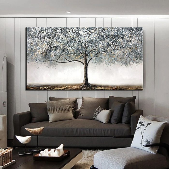 Large Tree Art Oil Painting Silver Acrylic Wall Art For Living Room