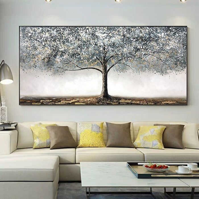 Large Tree Art Oil Painting Silver Acrylic Wall Art For Living Room - Image 3