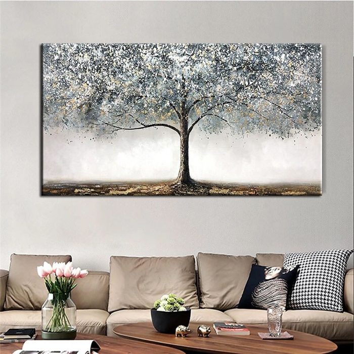 Large Tree Art Oil Painting Silver Acrylic Wall Art For Living Room - Image 4