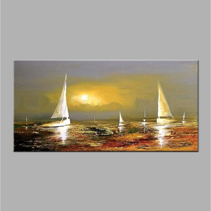 Moonlight Shoots In Water And Sailboat Painting Decor Living Room - Image 2