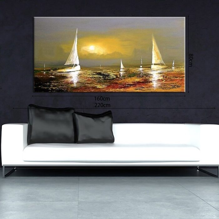 Moonlight Shoots In Water And Sailboat Painting Decor Living Room