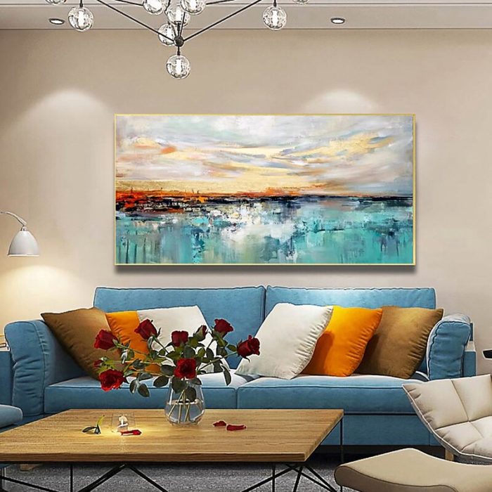 Oil Painting Abstract Landscape On Canvas Orange & Teal Home Decor - Image 3