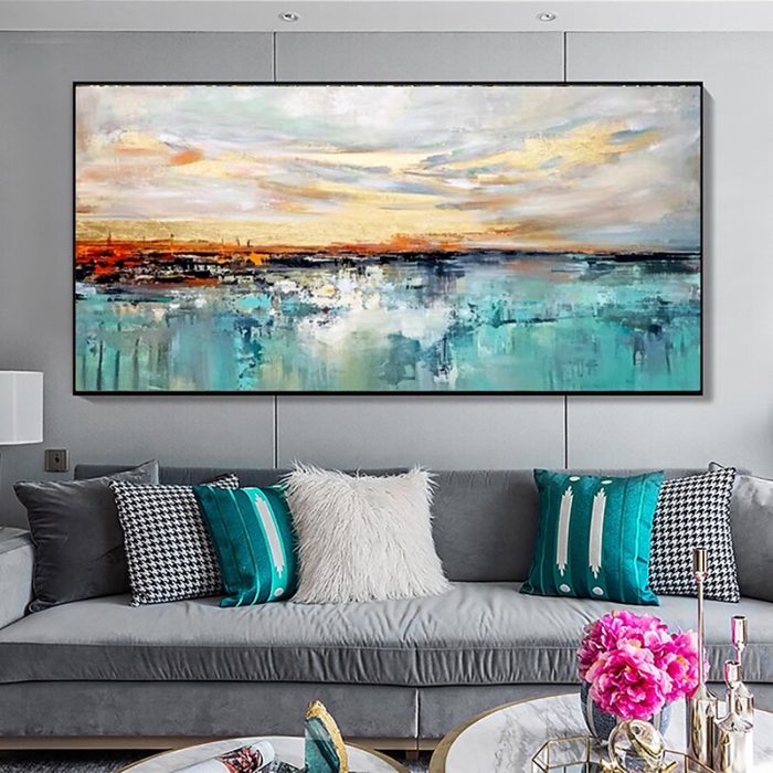 Oil Painting Abstract Landscape On Canvas Orange & Teal Home Decor