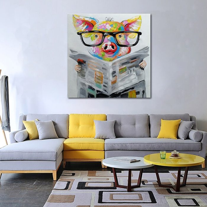 Pig Read Newspaper Painting Funny Animals Canvas Art Decor Sofa