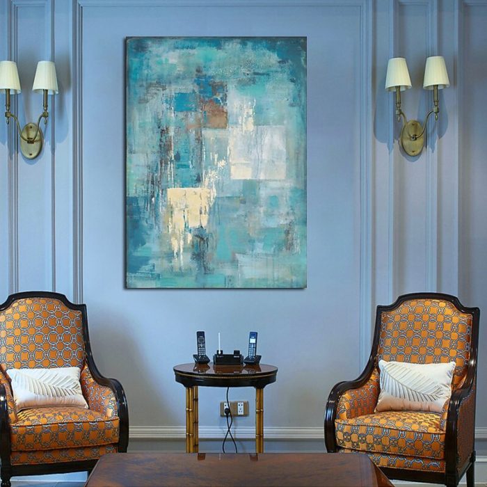 Teal Textured Modern Oil Paintings Vertical Palette Knife Painting