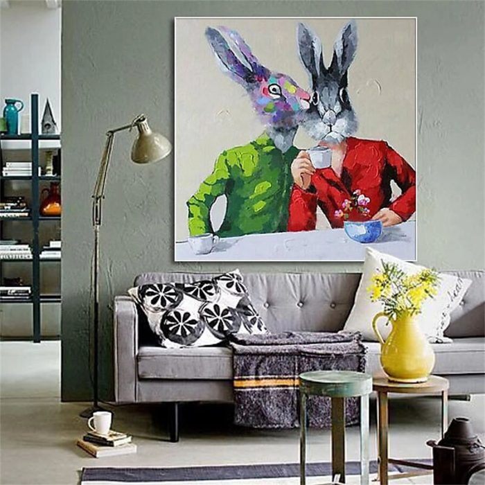 Two Rabbits Talk Painting Modern Animals Canvas Art Home Decor