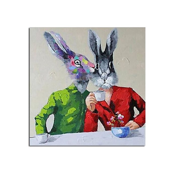 Two Rabbits Talk Painting Modern Animals Canvas Art Home Decor - Image 2