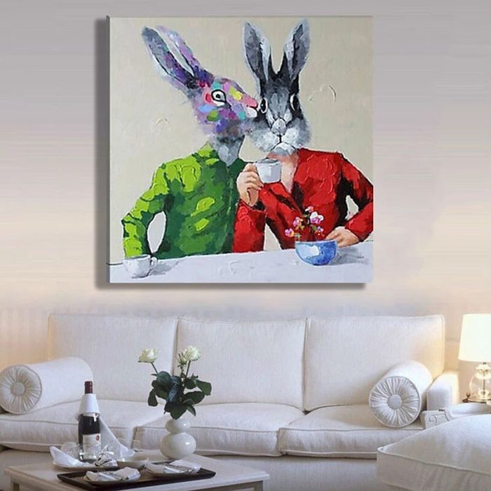 Two Rabbits Talk Painting Modern Animals Canvas Art Home Decor - Image 3