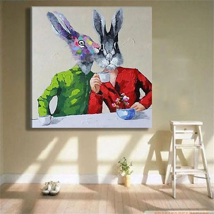 Two Rabbits Talk Painting Modern Animals Canvas Art Home Decor - Image 4