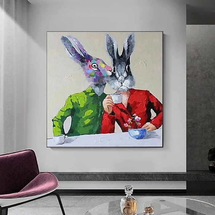 Two Rabbits Talk Painting Modern Animals Canvas Art Home Decor - Image 5