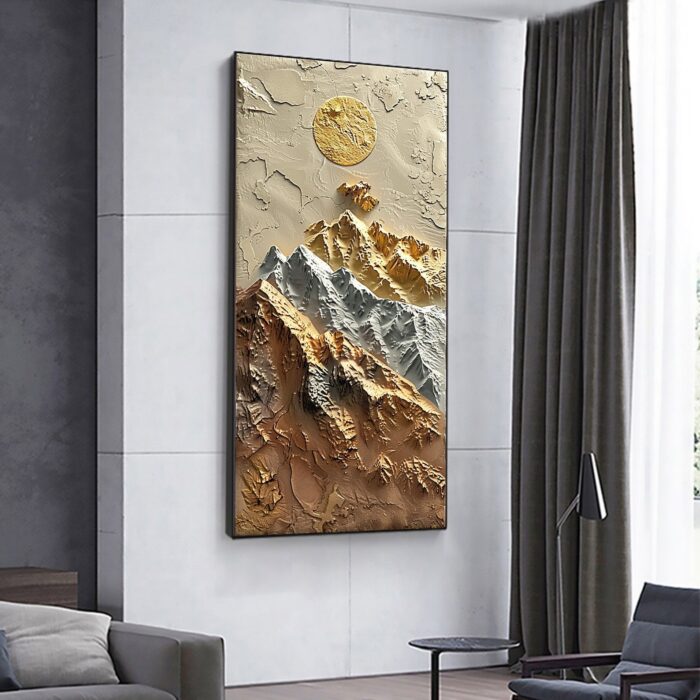 3D Mountain Vertical Painting Gold Sliver Mountains Landscape Painting on Canvas Gold Sun Textured Canvas Art Decor Living Room - Image 8