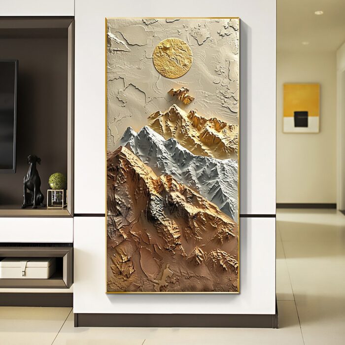 3D Mountain Vertical Painting Gold Sliver Mountains Landscape Painting on Canvas Gold Sun Textured Canvas Art Decor Living Room - Image 6