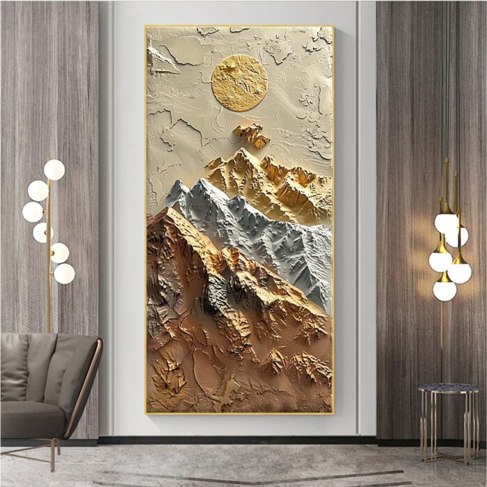 3D Mountain Vertical Painting Gold Sliver Mountains Landscape Painting on Canvas Gold Sun Textured Canvas Art Decor Living Room