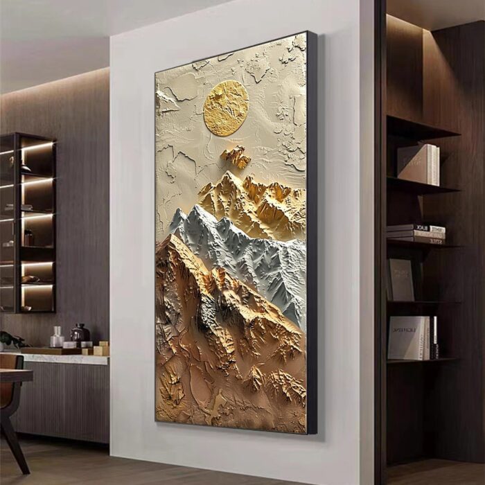 3D Mountain Vertical Painting Gold Sliver Mountains Landscape Painting on Canvas Gold Sun Textured Canvas Art Decor Living Room - Image 9