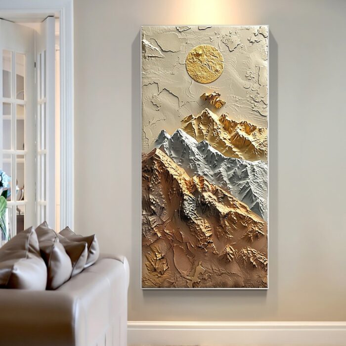 3D Mountain Vertical Painting Gold Sliver Mountains Landscape Painting on Canvas Gold Sun Textured Canvas Art Decor Living Room - Image 7