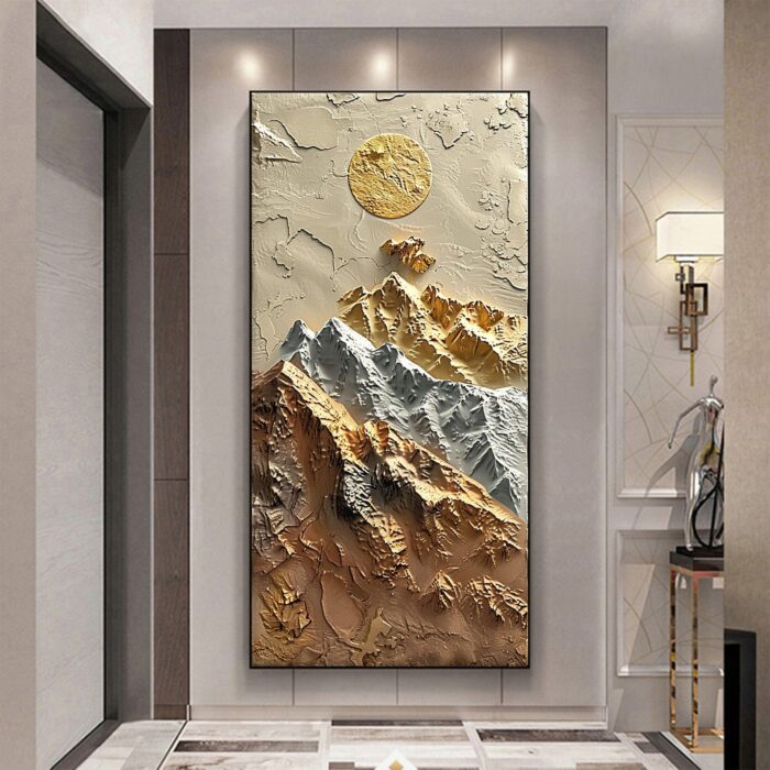 3D Mountain Vertical Painting Gold Sliver Mountains Landscape Painting on Canvas Gold Sun Textured Canvas Art Decor Living Room - Image 3